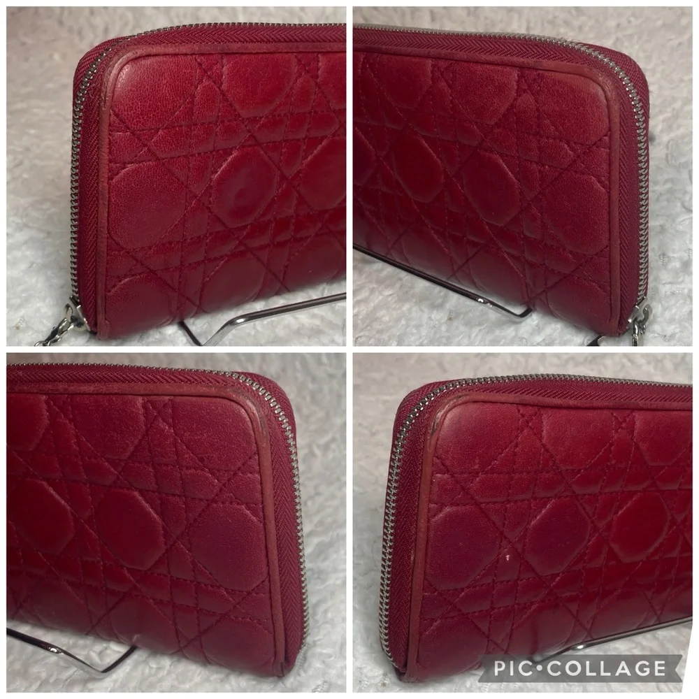 Christian Dior Voyageur Cannage Quilted Lady Dior Leather Zip Long Wallet in Red